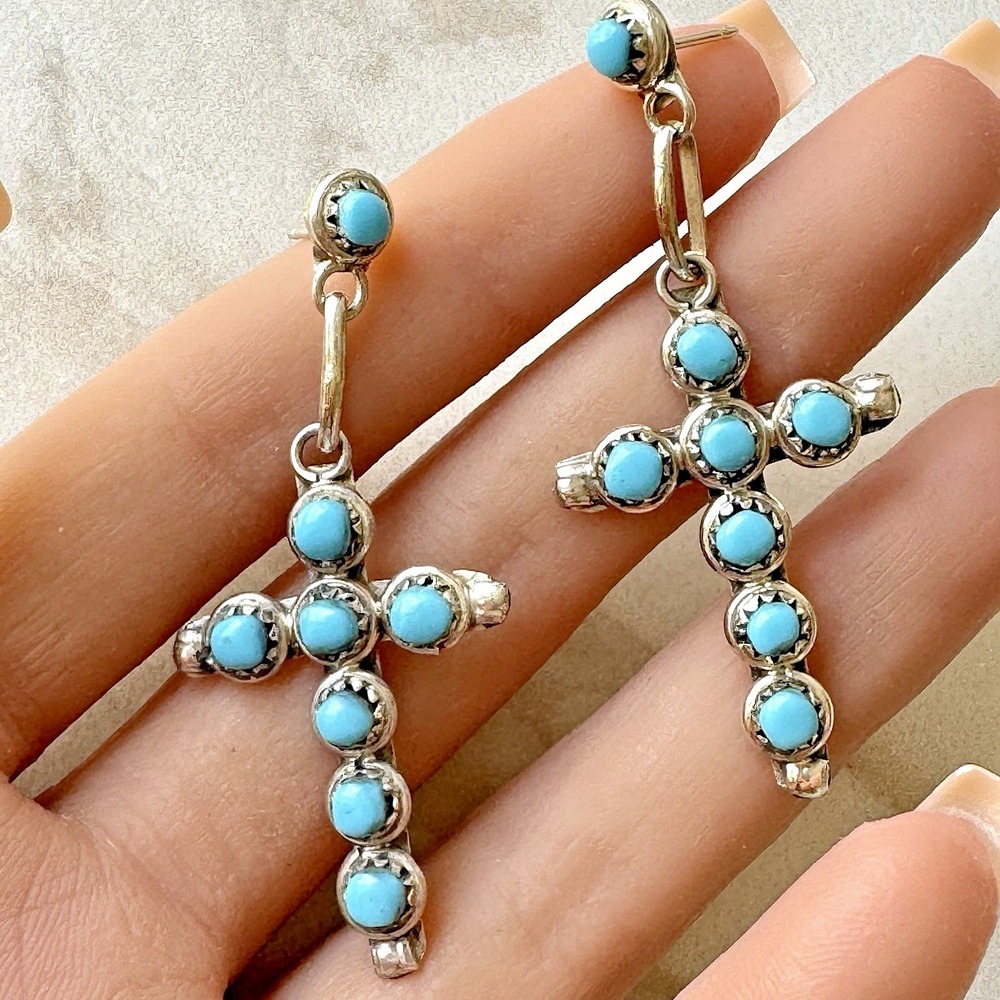 Native American Cross Earrings Zuni Sleeping Beauty Turquoise Sterling Silver‎